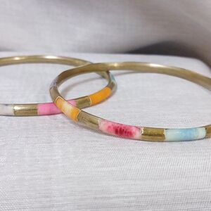 Artisian Created Brass Bangel Bracelets Set With Semi-precious Stones